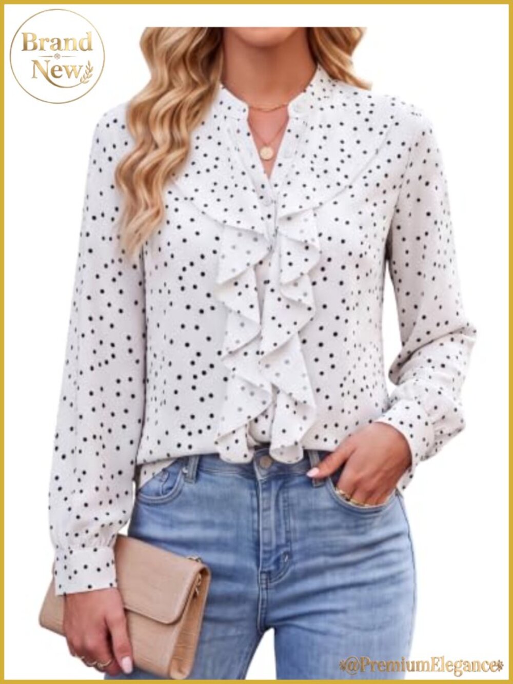 Ruffle V-Neck Polka Dot Button Down Blouse Long Sleeve Office Top